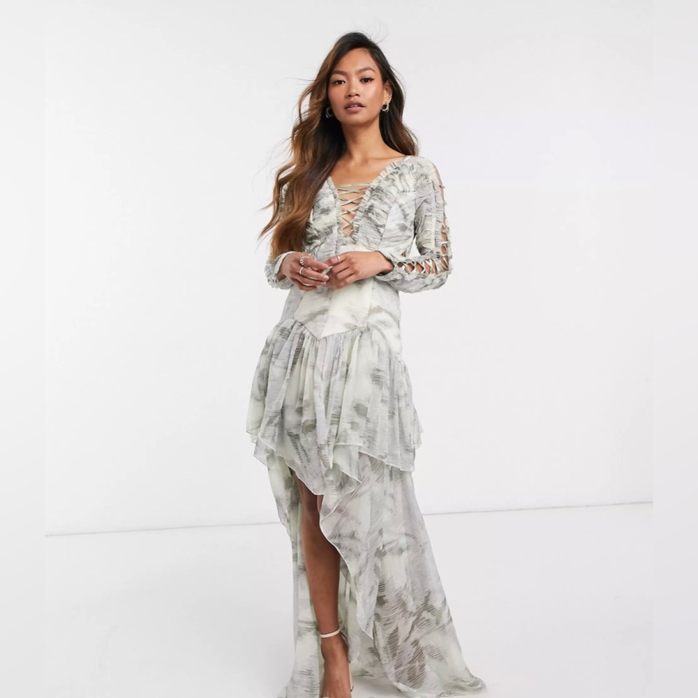 ASOS DESIGN Ruched Chiffon Printed Maxi Dress w/Satin Lace Up Detail, Size 8